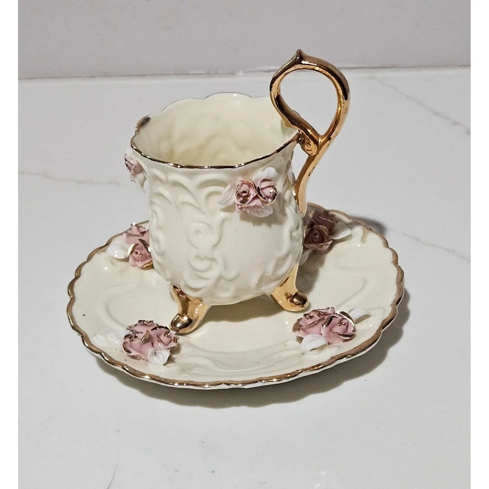Miniature Porcelain Footed Teacup and Saucer Set Pink 3D Roses Gold Trim Decor